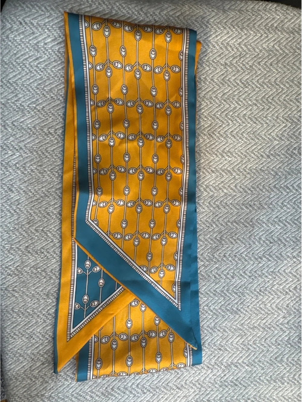 Reversible Patterned Silk Scarf with Teal and Mustard Colors
